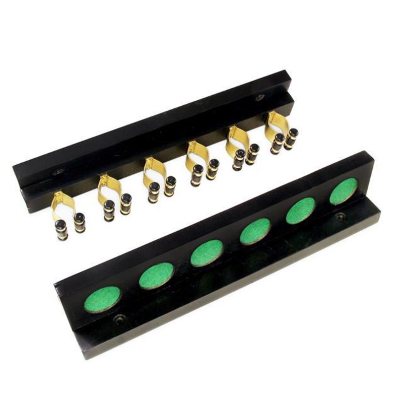 Wall mounted BLACK 8 way cue rack to hold EIGHT cues, sturdy wood with brass clips