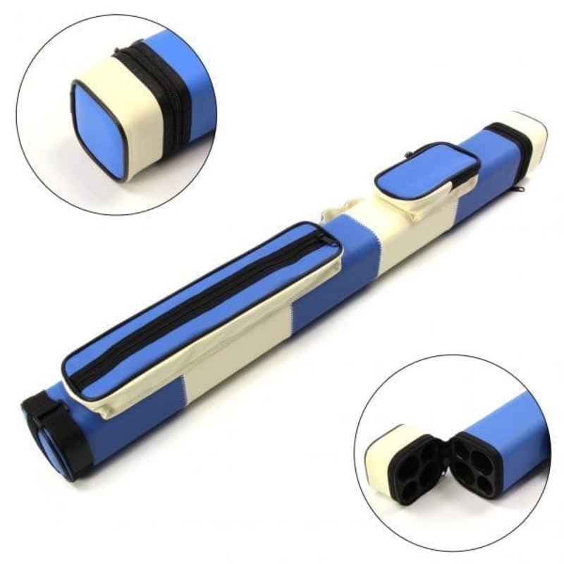 BLUE & WHITE LEATHER PATCH EFFECT SQUARE CUE CASE  HOLDS 2 CENTRE JOINTED CUES