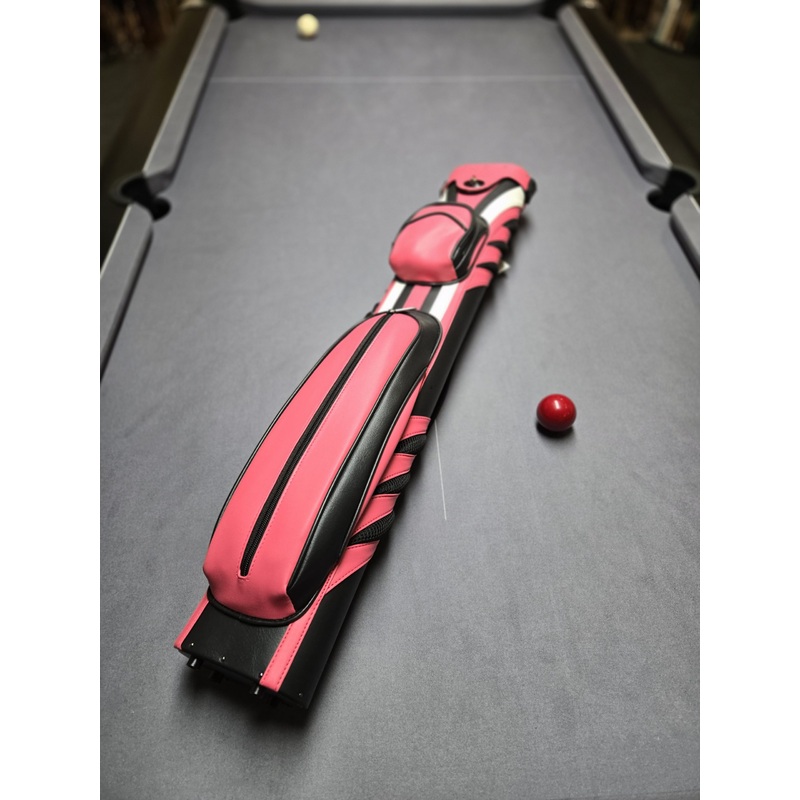 Premium cue case for centre jointed cues.. holds up 4 shafts and 2 butts, Robust case in a hard wearing Pink, Black and White sport finish