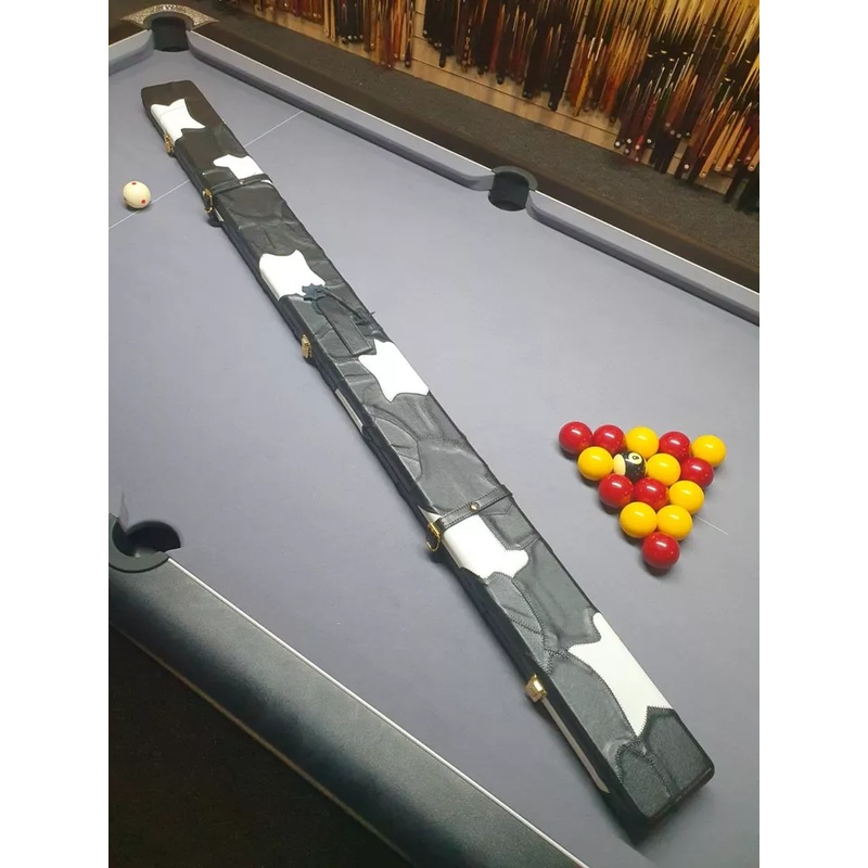 Genuine leather premium extra wide cue case for 3x 1 piece cues BLACK and WHITE PATCHES