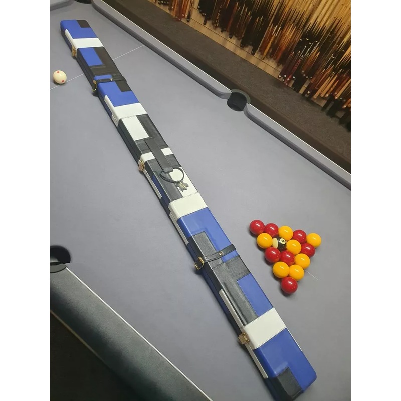 Genuine leather premium extra wide cue case for 3x 1 piece cues BLUE, BLACK and WHITE BLOCKS