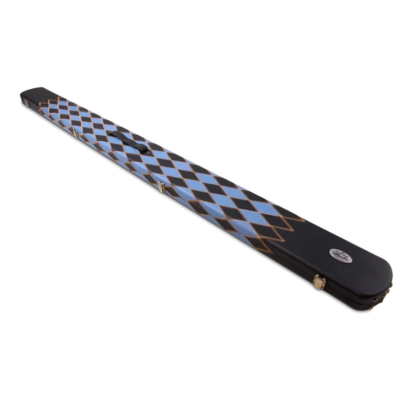 Baize Master luxury 1 piece cue case for 3 x 1 piece cues. Black & Blue Diamonds