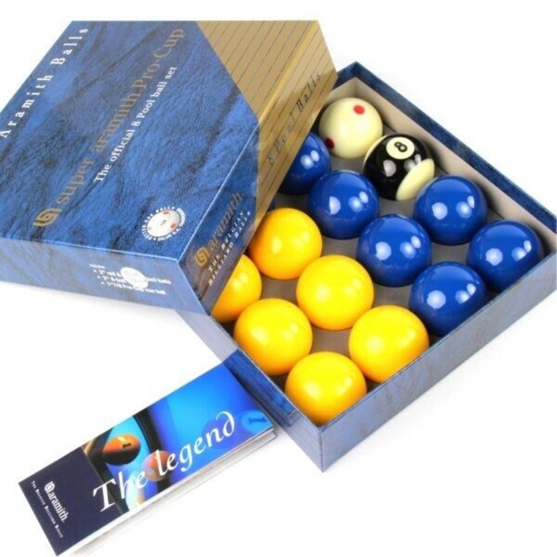 ARAMITH pro cup 2 blues/yellows official set boxed. Spotty 1 7/8cue ball, striped black ball