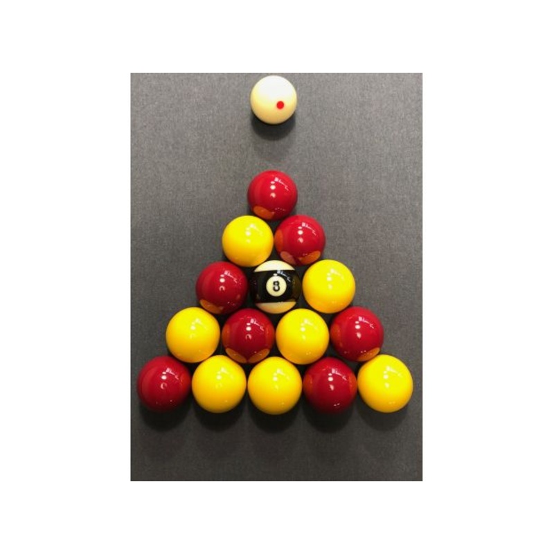 CRY WOLF Pro Cup 2 reds/ yellows pool ball set with Striped black and 1 7/8 spotty white cue ball