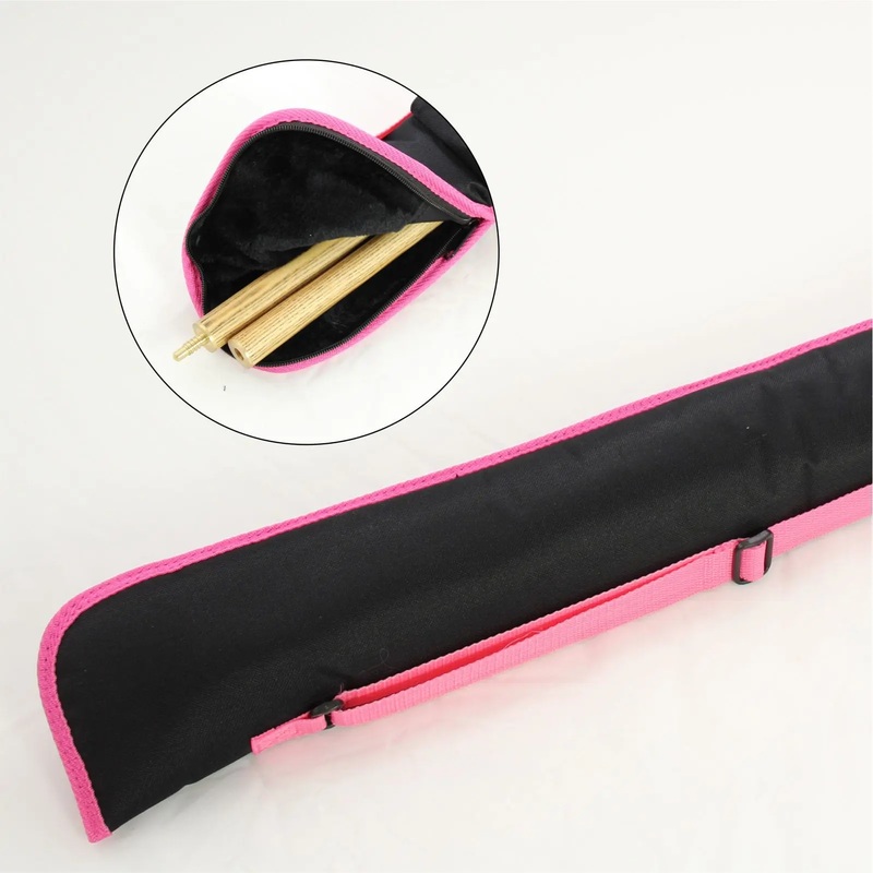 Luxury fur lined soft case for centre jointed cues with accessory pocket and carry strap, BLACK with PINK piping and carry strap