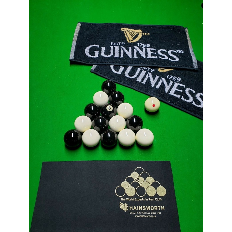 ARAMITH premier set 2 pool balls GUINNESS BLACK and WHITE with PRO CUP cue ball and HAINSWORTH rack cloth