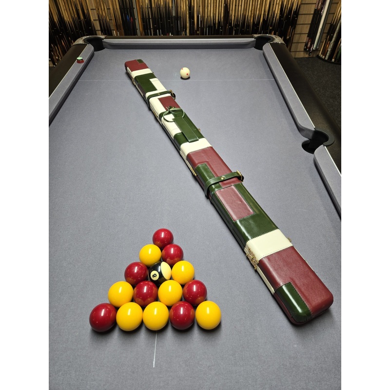 Superior full premium genuine leather cue case for 1 x 3/4 cue and extensions etc BURGUNDY, GREEN and CREAM BLOCKS