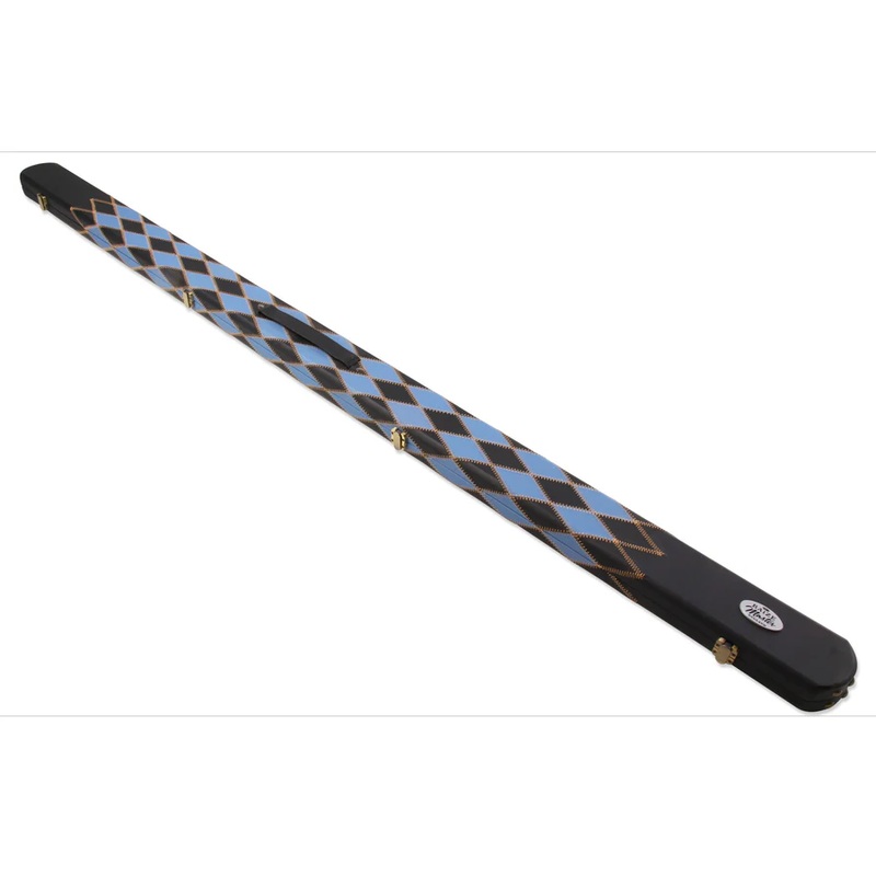 Baize Master luxury 1 piece cue case for 2 x 1 piece cues. Black & Blue Diamonds