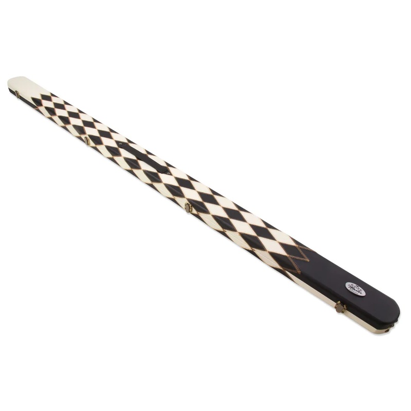 Baize Master luxury 1 piece cue case for 2 x 1 piece cues. Black & White Harlequin Diamonds