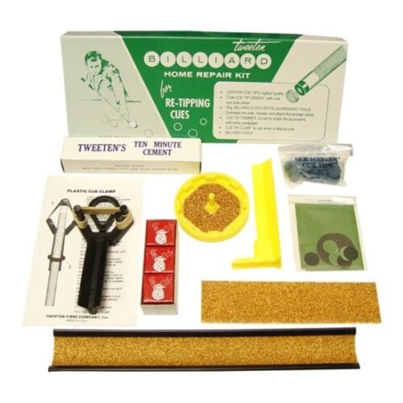 Tweeten tipping kit.  Cement, tips, clamp, sander, scuffer, chalk, spots, backers