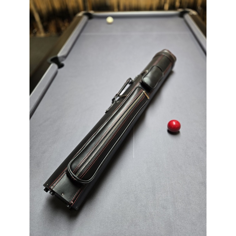 Premium cue case for centre jointed cues.. holds up 4 shafts and 2 butts, Robust case in a hard wearing Striking Black finish with Red stitching