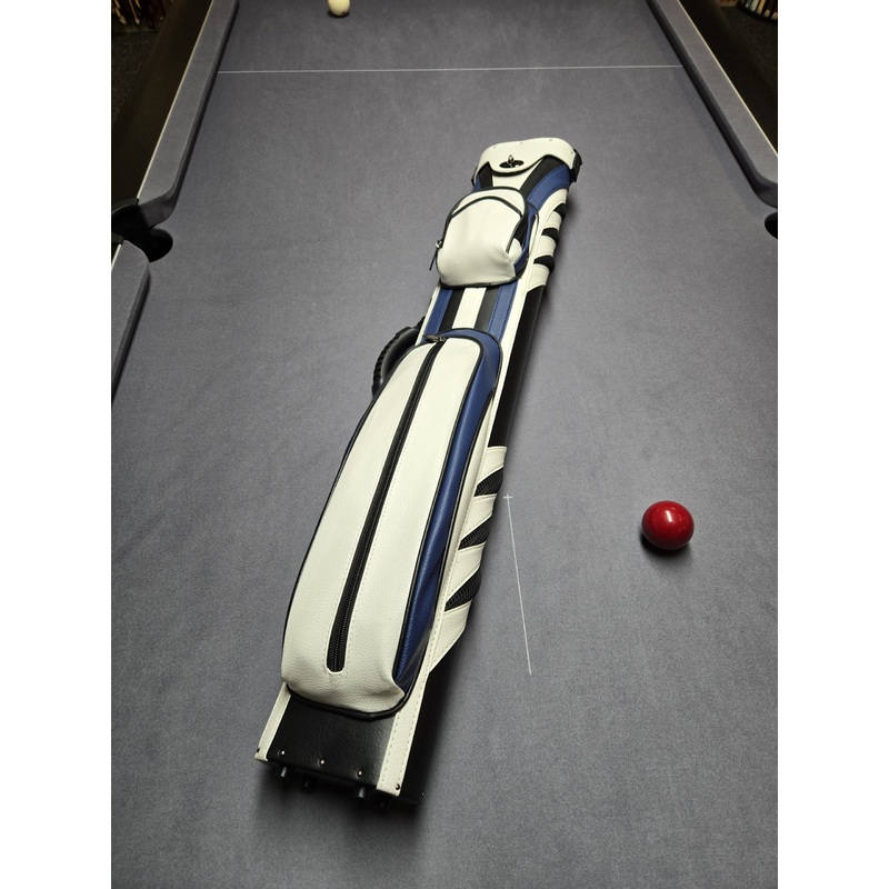 Premium cue case for centre jointed cues.. holds up 4 shafts and 2 butts, Robust case in a hard wearing Blue, White and Black  sport finish
