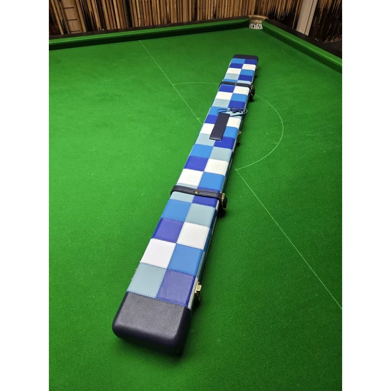 Superior Quality Premium Genuine Leather Wide Case 2 x 3/4 Cues & Extension BLUES and WHITE BLOCKS