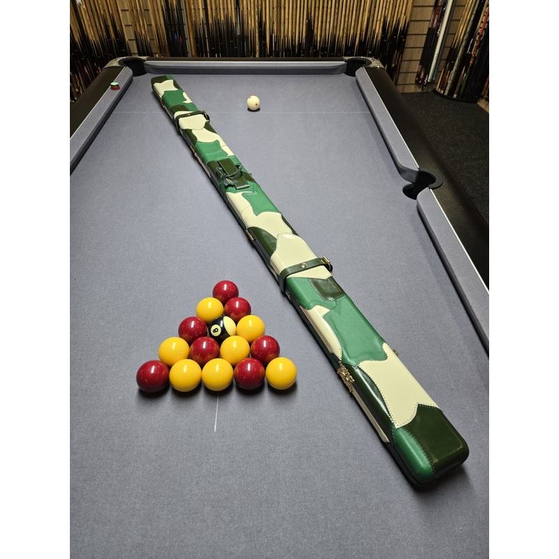 Superior full premium genuine leather cue case for 2 x 1 piece cues GREEN and CREAM CAMMO