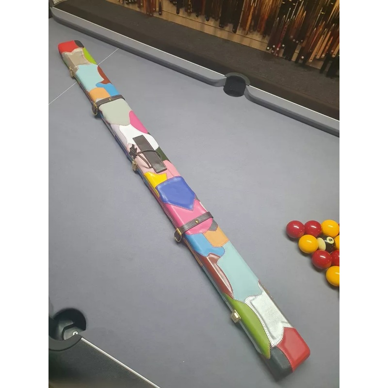 Superior full premium genuine leather cue case for 1 x 3/4 cue and extensions etc COLOURFUL PATCHES