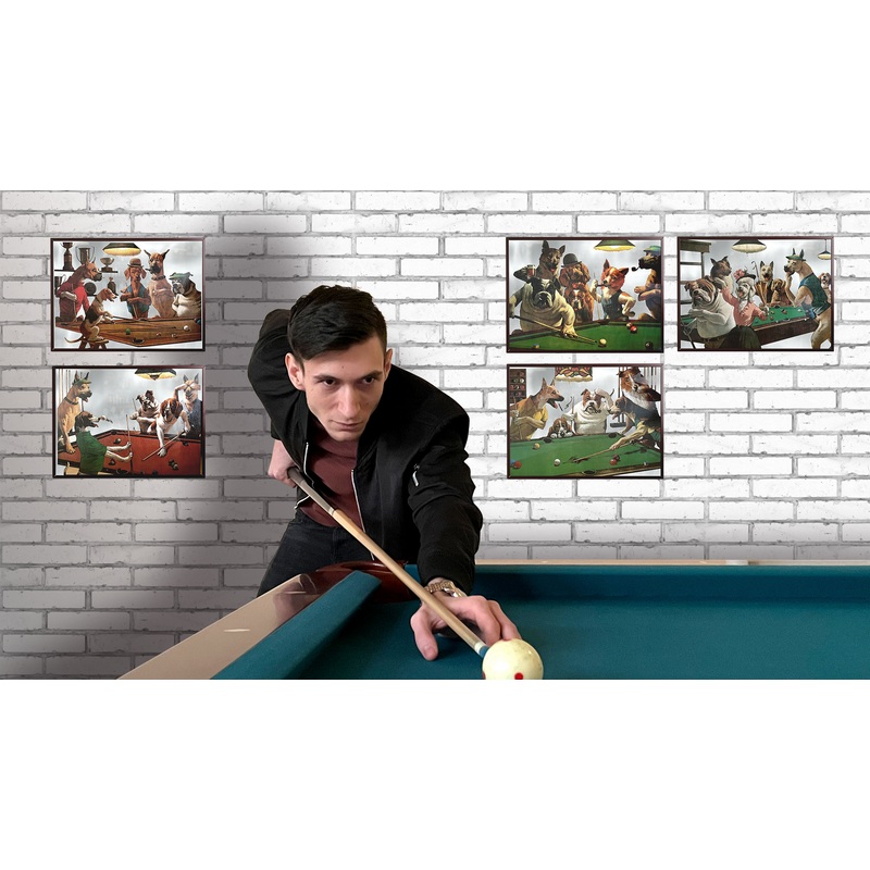 Set of 5 mirrors depicting dogs playing pool. each mirror is 49cm x 35cm