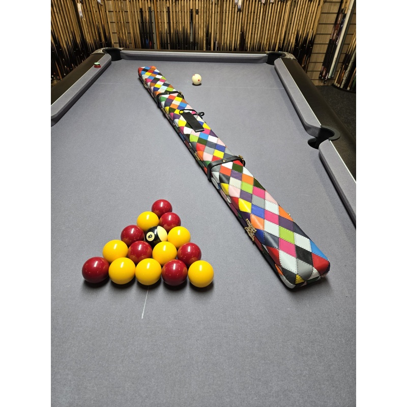 Superior full premium genuine leather cue case for 1 x 3/4 cue and extensions etc HARLEQUIN DIAMONDS