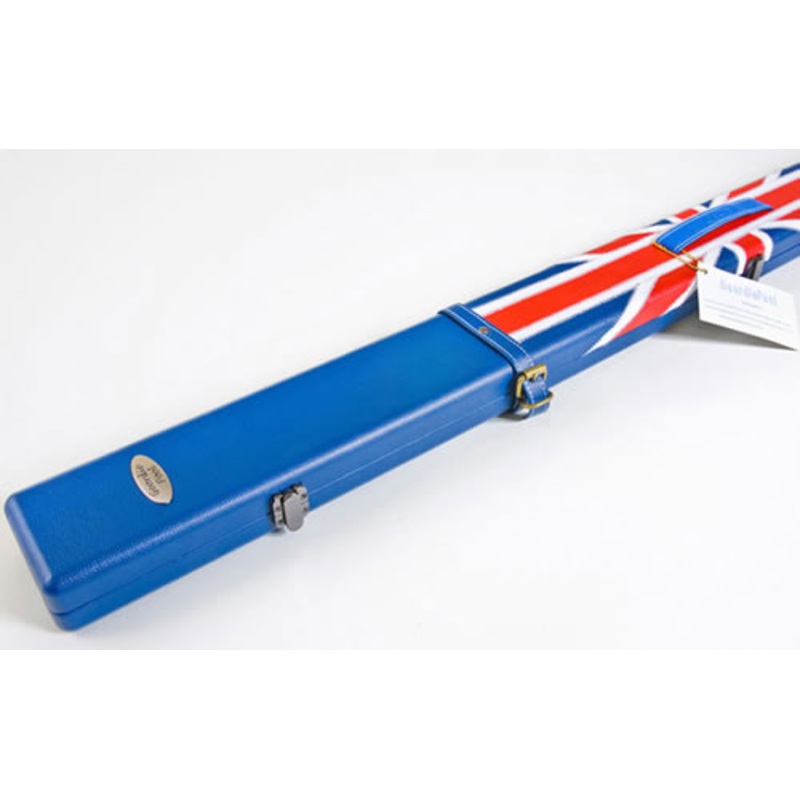 Union jack flag cue case for 3/4 split cue, leather look.  BLUE