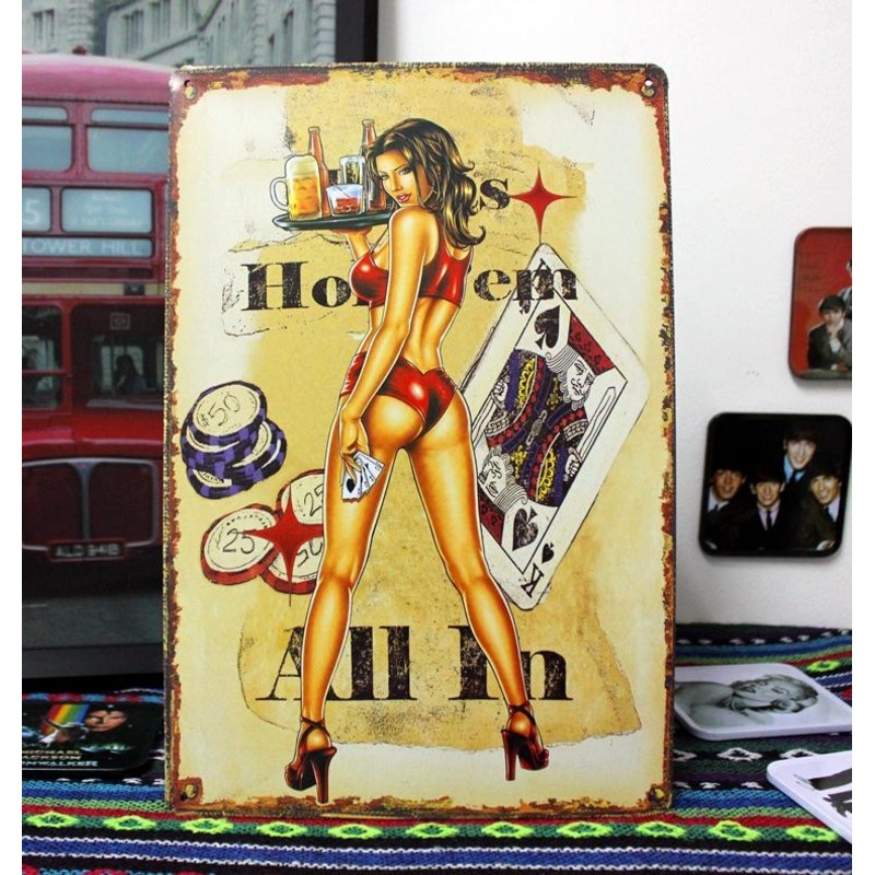 Vintage look metal wall plaque, great man cave gift SEXY POKER LADY